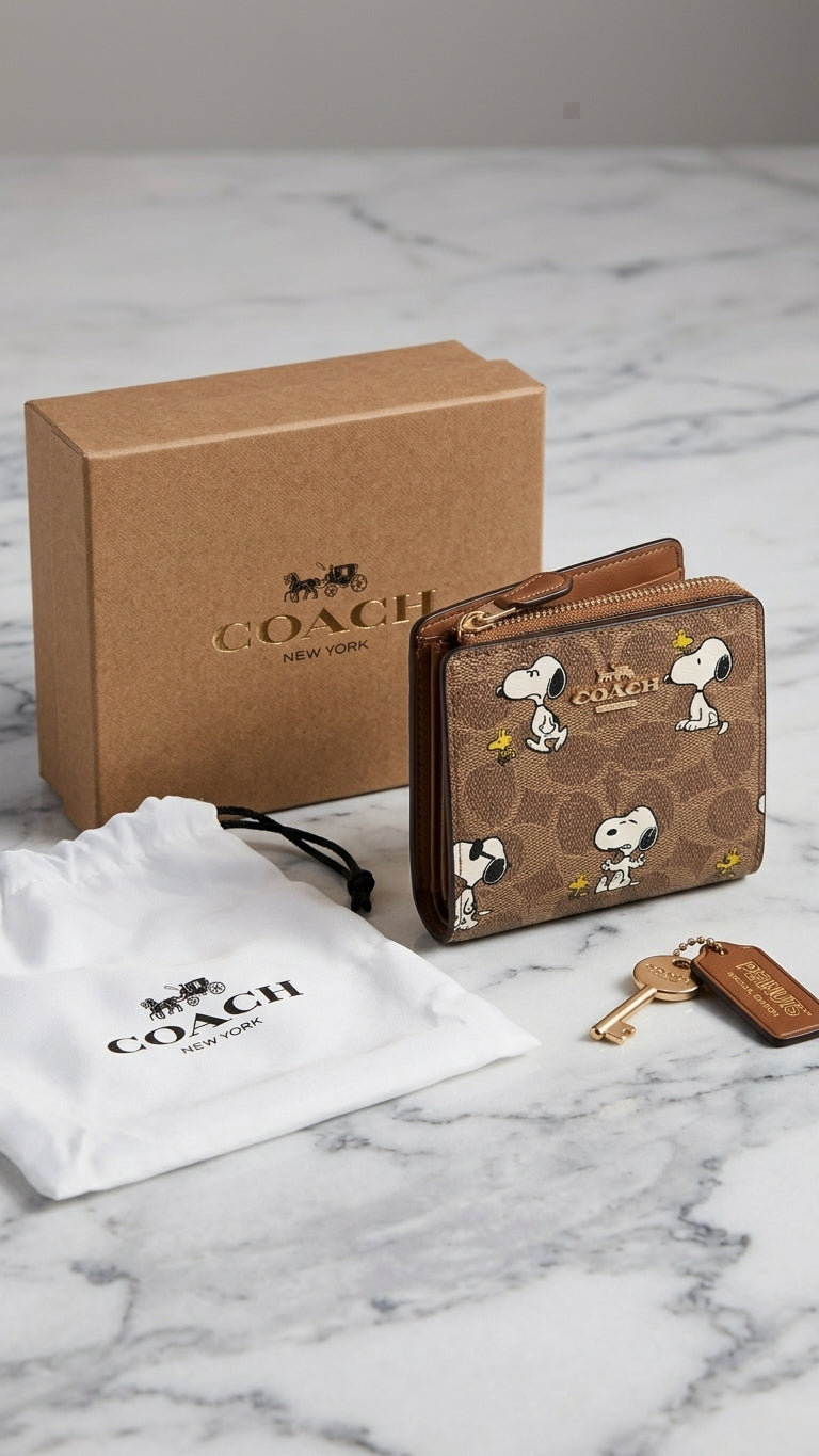 Coach Peanuts Snoopy Print Signature Canvas Snap Wallet AUTHENTIC NEW!!!